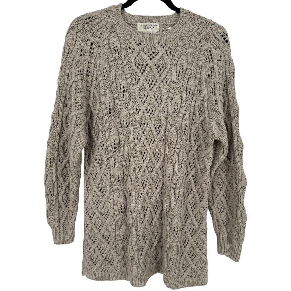 Alfred Sung‎ Sport Vintage Cable Knit Fisherman Crew Neck Sweater Size Small